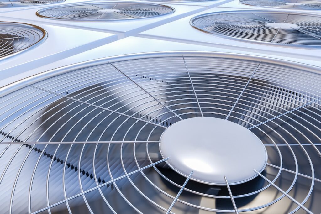 Close up view on HVAC units (heating, ventilation and air conditioning). 3D rendered illustration.