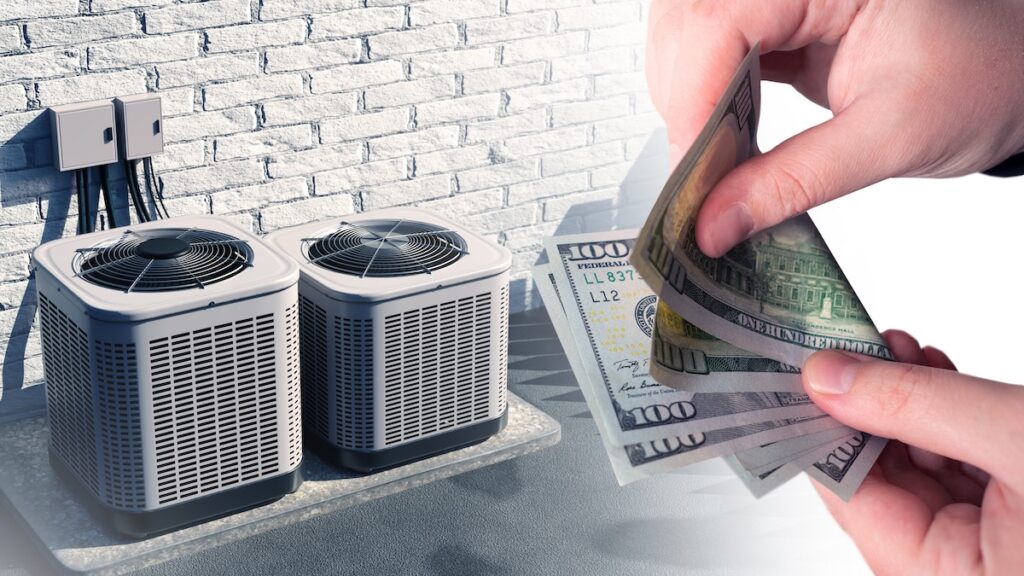 Air conditioning units near wall. Money for purchase of ventilation equipment. External air conditioning pumps with fans. Ventilation equipment near building. Cost concept for vents system best way to finance a new hvac system
