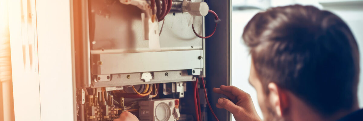 Repairman fixing a broken electric boiler or furnace with focus on his hand. High quality generative ai
