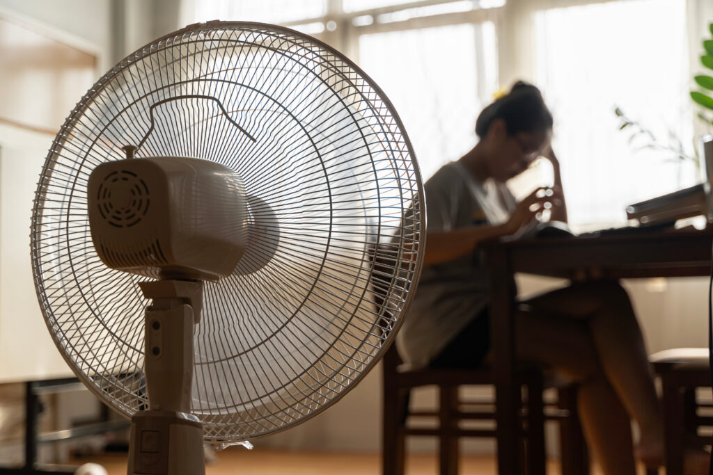 woman sitting in front of  fan 